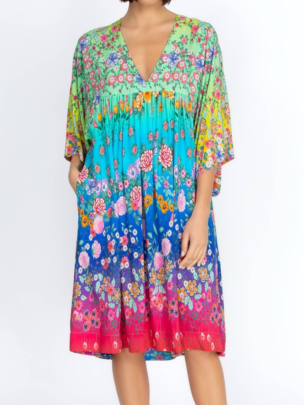 Johnny Was Rainbow Easy Cover-Up Dress XS Boho Oversized Wide 3/4 Sleeve